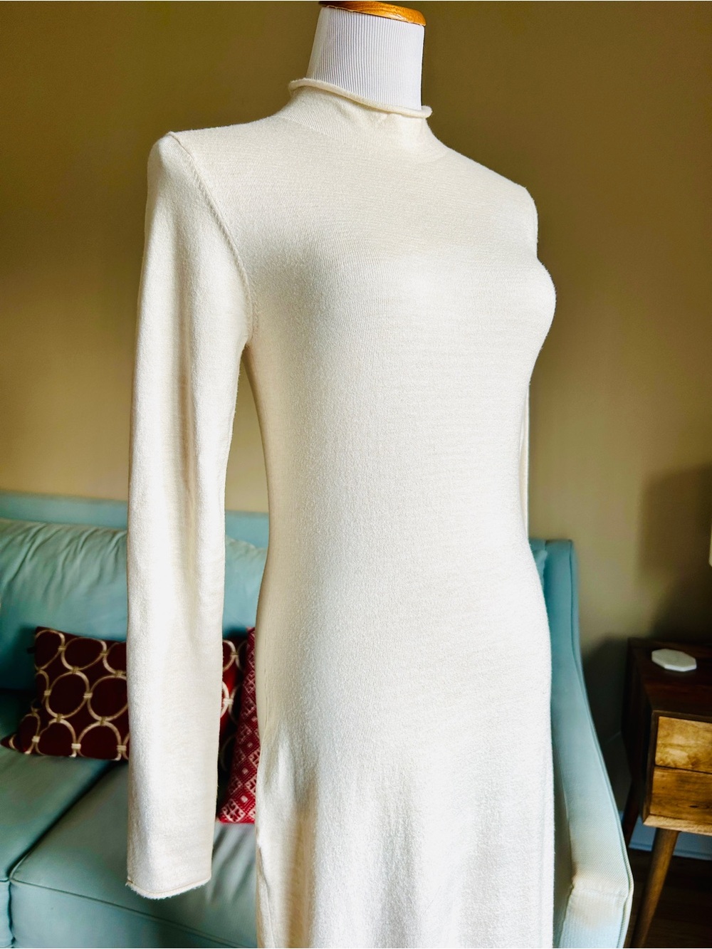 French Connection Babysoft Cream Roll Neck Midi Dress Side Slit Medium - Picture 4 of 13